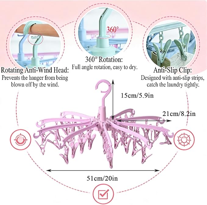 Foldable Drying Rack with 40 Clips for Drying Socks Lingerie Baby Clothes Drying Towels Rotatable Sock Drying Rack（Pink）