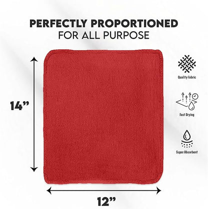 Cotton Shop Towel – Multipurpose Cleaning Cloths (14" x 12" - Pack of 100 - Red) Reusable Shop Rags for Automobiles, Industrial, Restaurants, Garage, and Homes