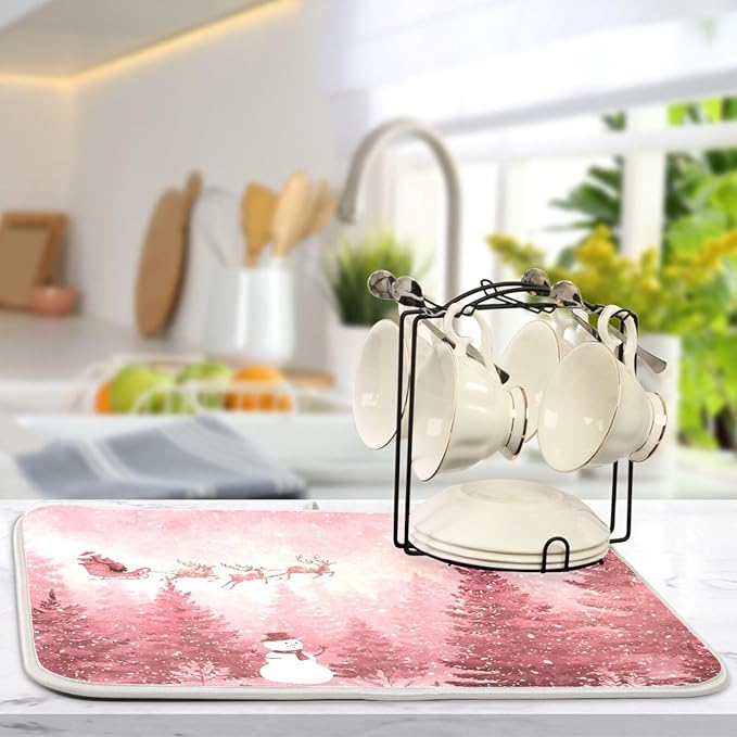 Christmas Forest with Snow Falling Santa Dish Drying Mat for Kitchen Counter Super Absorbent Drying Mat 16x18 inch Large Dish Drying Matts for Countertop Protector Dishes Pad