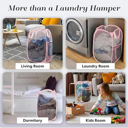 Handy Laundry Collapsible Mesh Pop Up Laundry Hamper, Breathable & Foldable Basket with Side Pocket, Space-Saving, Durable Handles, Wide Opening for Clothes, Toys & Storage, 14 x 13 x 24 in, Pink