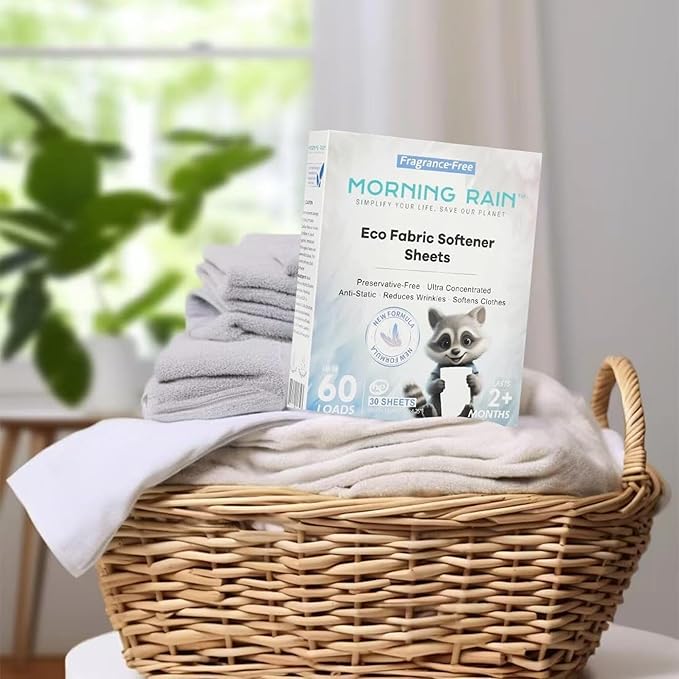 MorningRain Eco Fabric Softener Sheets for Washing Machine - Fragrance-Free, Preservative-Free, Ultra-Concentrated - 30 Sheets for Up to 60 Loads, Anti-Static, Reduces Wrinkles, Softens Clothes