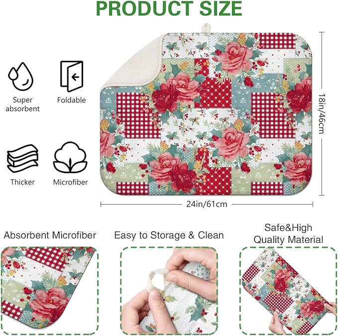 Dish Drying Mat Drainer Pads - Extra Large Microfiber Drying Mats for Dishes Kitchen Counter Super Absorbent Pads for Draining Racks (Red,18"x24" )