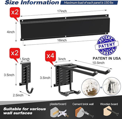 Sttoraboks Garage Tool Storage Rack, Heavy Duty Garage Storage Organizer Rack System Wall Mounted Tool with 6 double hooks, 2 rails, Garden Yard Tools Hanger Rack for Ski Gears, Broom, Rake,Shovel