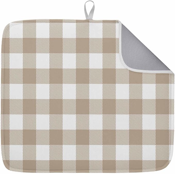 Dish Drying Mat Khaki Buffalo Check Plaid Drying Mats for Kitchen Counter Farmhouse Style Absorbent Microfiber Dish Drainer Quick Drying Coffee Mat with Hanging Loop, 18 x24 inch
