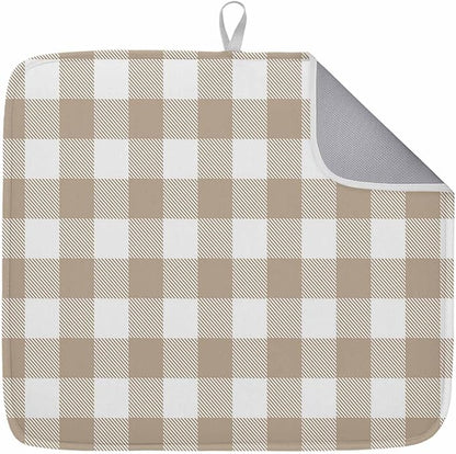 Dish Drying Mat Khaki Buffalo Check Plaid Drying Mats for Kitchen Counter Farmhouse Style Absorbent Microfiber Dish Drainer Quick Drying Coffee Mat with Hanging Loop, 16 x18 inch