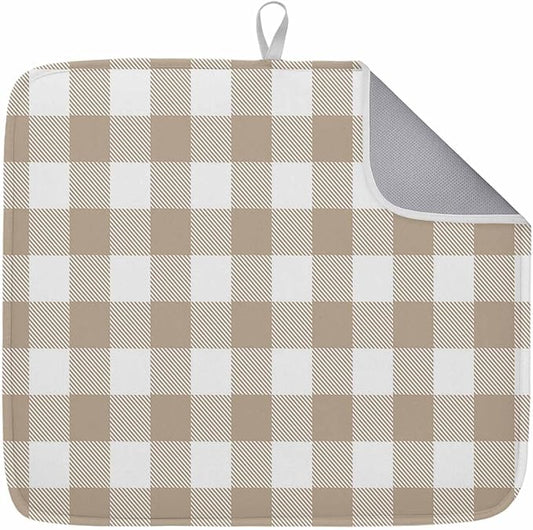 Dish Drying Mat Khaki Buffalo Check Plaid Drying Mats for Kitchen Counter Farmhouse Style Absorbent Microfiber Dish Drainer Quick Drying Coffee Mat with Hanging Loop, 16 x18 inch