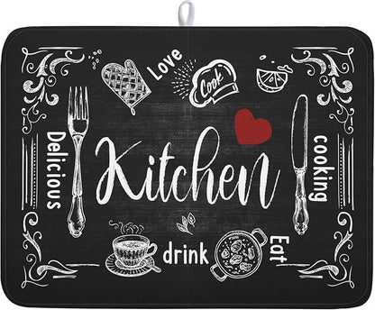 Kawani Black Coffee Bar Dish Drying Mats for Kitchen Counter 18x24 Inch, Kitchen Drying Mat, Kitchen Coffee Bar Dishes Pad Dish Drainer Rack Mats Absorbent Fast Dry Kitchen Accessories Square