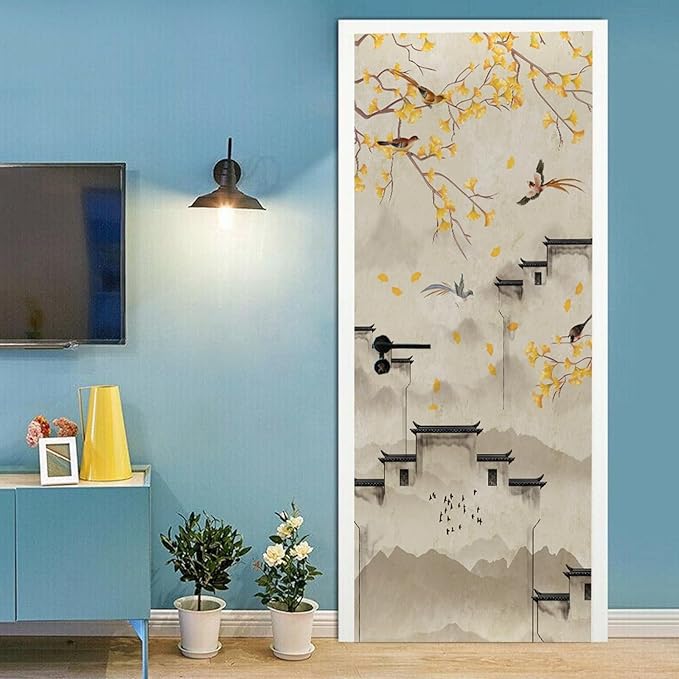 A.Monamour 3D Door Stickers for Interior Doors Flowers Birds Trees and Buildings in Ink Chinese Style Vinyl Waterproof Self Adhesive Door Mural Decals for Bedroom Office Bathroom 77x200cm