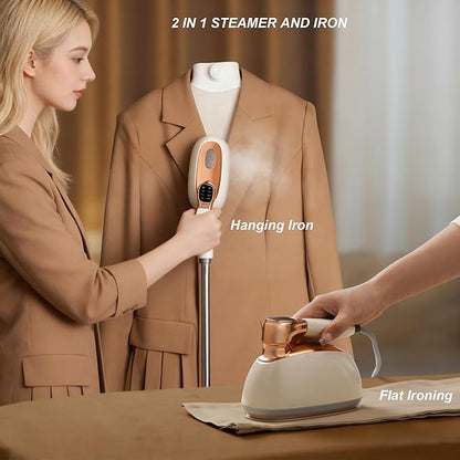 Garment Steamer for Clothes 1400W Portable Travel Steamer 180°Rotating Handle lancha a Vapor Para Ropa with LCD Display Handheld Wrinkle Remover, 260mL Water Tank, Beige