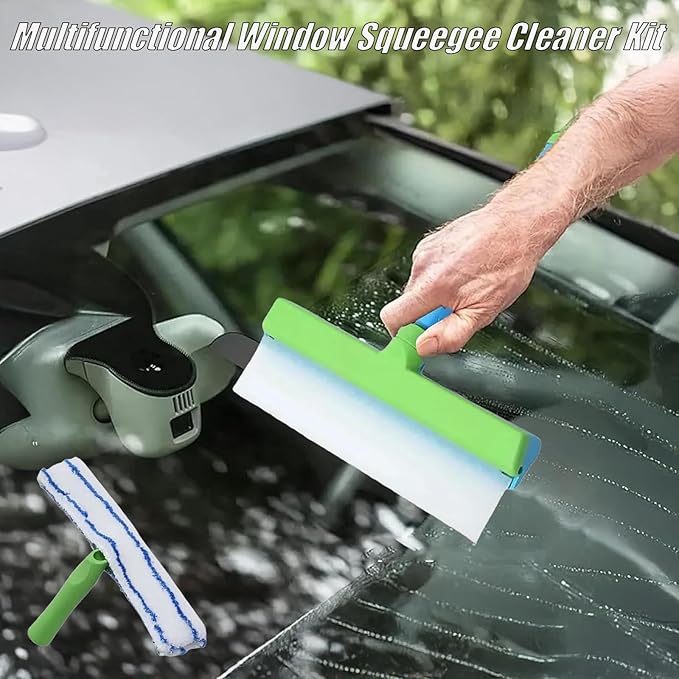 AquaSwipe Window Squeegee, Aqua Swipe Window Cleaner, Recyclable Silicone Window Squeegee Kit with Microfiber Scrubber, Glass Cleaning Tools for Shower Glass Mirror, Car(Blue+Green)