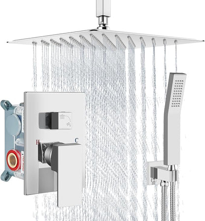 Aolemi Ceiling Mount Shower System Rain Shower Head with Handheld Spray High Pressure Shower Faucet Set Rough-in Valve Shower Trim Kit Included Bathroom Polish Chrome 12 Inch Ceiling Shower Head