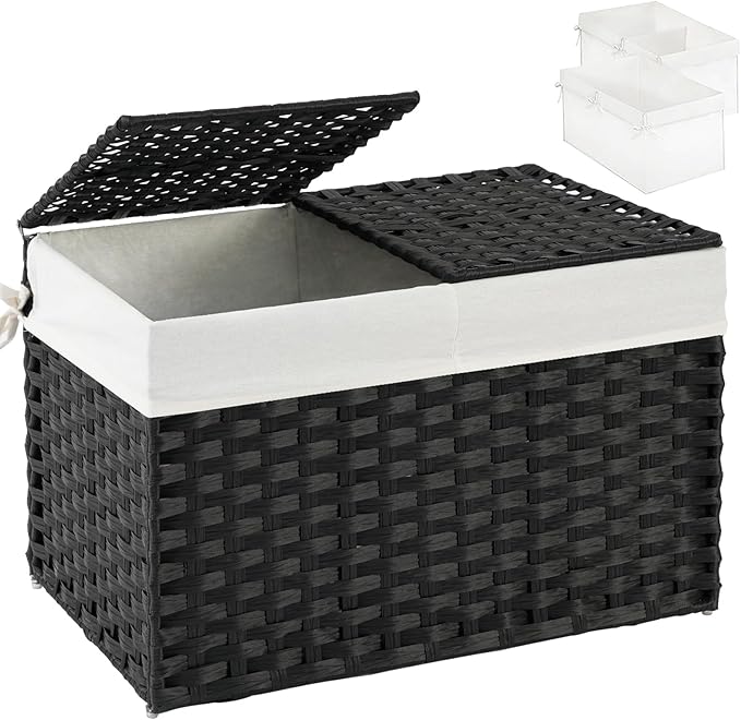 Storage Basket with Lid Rattan Storage Basket with 2 Separate Lid, 27.8 Gallon (105 L) 25.2 * 15.4 * 16.1 Inches Woven Wicker Baskets with 2 Liners and Handles for Bedroom Laundry Black