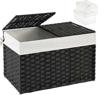 Storage Basket with Lid Rattan Storage Basket with 2 Separate Lid, 27.8 Gallon (105 L) 25.2 * 15.4 * 16.1 Inches Woven Wicker Baskets with 2 Liners and Handles for Bedroom Laundry Black