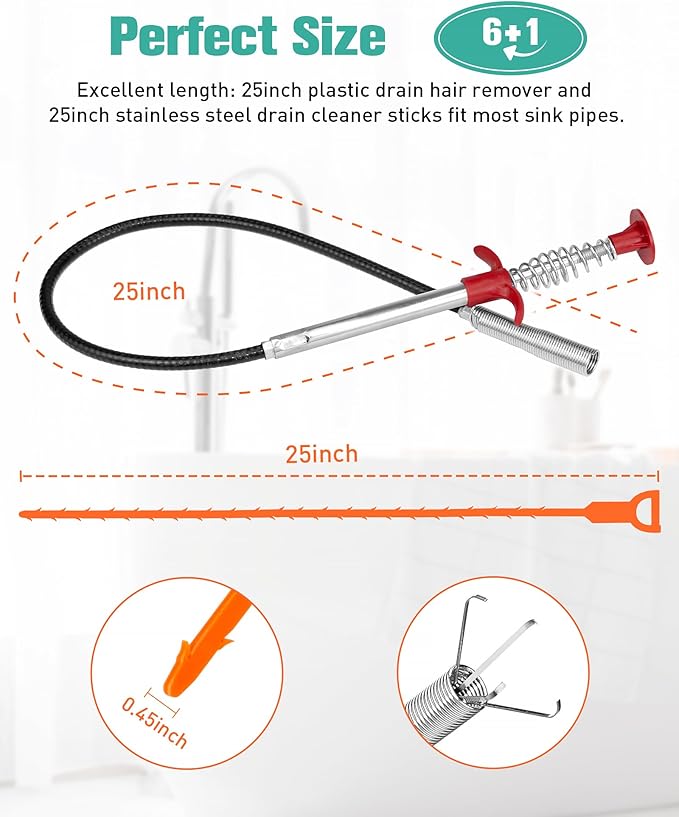 7 Pack Drain Cleaner - 25inch Hair Clog Remover Tool, Sticks To Drain Hair, Sink Snake for Shower, Kitchen Sink, Bath Tub, Bathroom