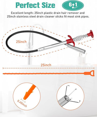 7 Pack Drain Cleaner - 25inch Hair Clog Remover Tool, Sticks To Drain Hair, Sink Snake for Shower, Kitchen Sink, Bath Tub, Bathroom