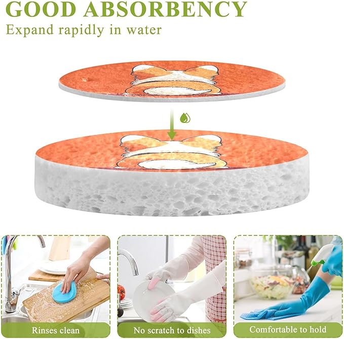 Corgi Dog Kitchen Scrub Sponges, Pop-up Kitchen Cleaning Sponges Reusable Dish Washing Sponges for Bathroom Household Cleaning 3 Pack - Non Scratch Scrubber
