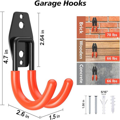 8 Pack Heavy Duty Garage Hooks,Solid Steel Wall Mount Hangers,with Anti-Slip Coating,for Hanging and Organising Ladder,Bike,Ropes,Broom,Garden,Yard and Power Tools(4.7x2.6 inch)