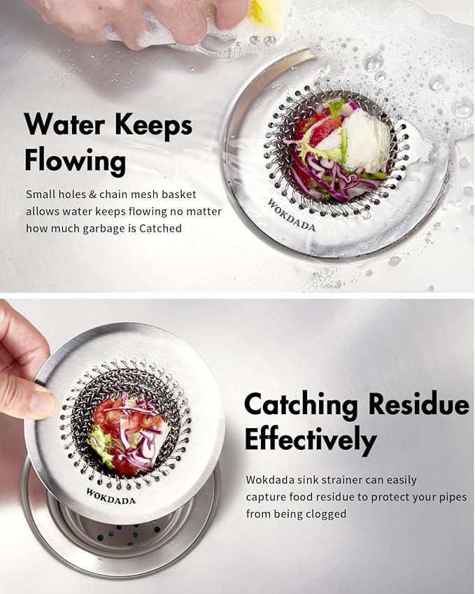 Wokdada Revolutionary Kitchen Sink Drain Strainer/Patented Reversible Chain Mesh, Effortless Cleaning & Debris Catcher, Large Capacity, No Clog, 304 Stainless Steel & Rust-Proof/Handmade
