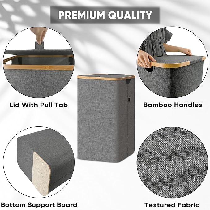BALEINE Laundry Hamper with Lid, Tall Laundry Baskets with Bamboo Pull Handles, Large Laundry Bin with Internal Support (26 Gal/100L, Grey) (Pack of 2)