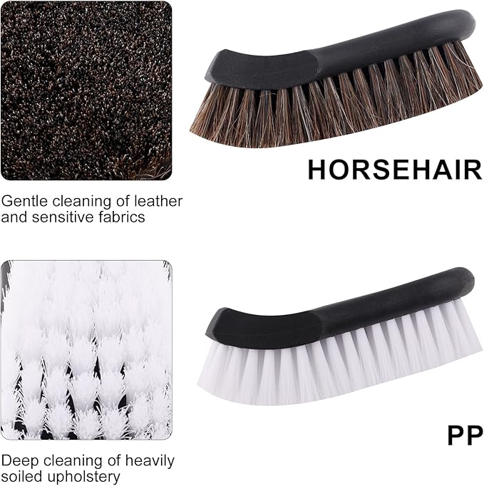 BOXOB Upholstery Brush Set, Horsehair Detailing Cleaner Brush Versatile Upholstery Cleaning Brushes for Boat Car Couch Fabric Carpet Car Interior Leather and Home Furniture