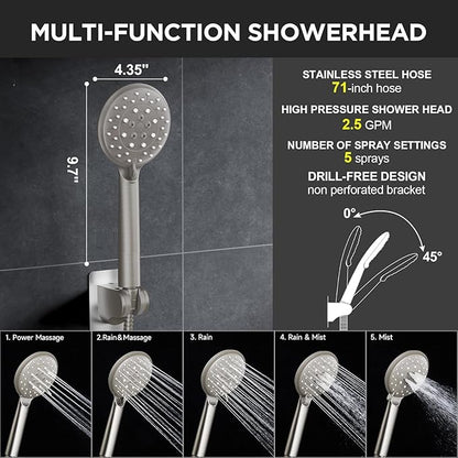 Veken 11.8" Rain Shower Head with Handheld, High Pressure Handheld Shower Heads with Multi Spray Modes,Rainfall Combo with 15" Metal Extension Arm,Detachable Dual Shower,Long 6 ft. Hose,Brushed Nickel