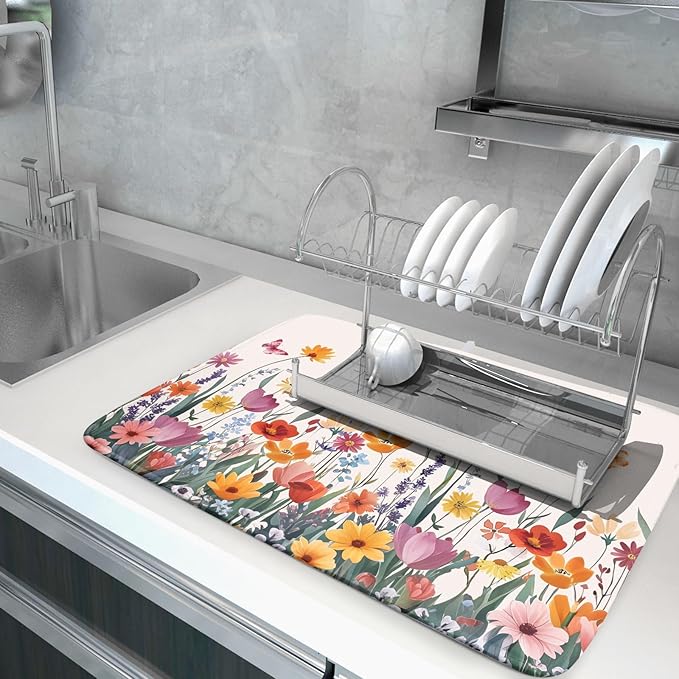 Kawani Spring Summer Flowers Dish Drying Mat for Kitchen Counter 18"x24" Colorful Floral Drying Mat Soft Absorbent Microfiber Farmhouse Fluttering Butterfly Dish Drainer Rack Mats for Counter tops