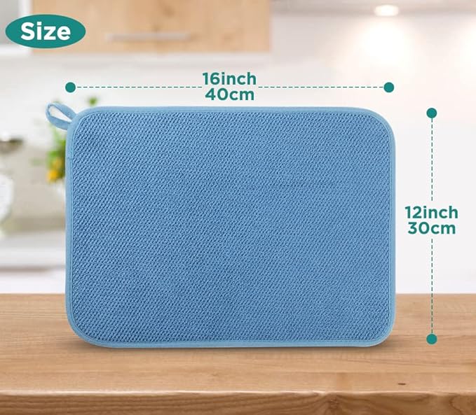 GeeRic Microfiber Dish Drying Mat, Super Absorbent Kitchen Dish Drying Pad for Mother's Day, Reversible Gift Mats for Countertop, 12 * 16 inch Blue
