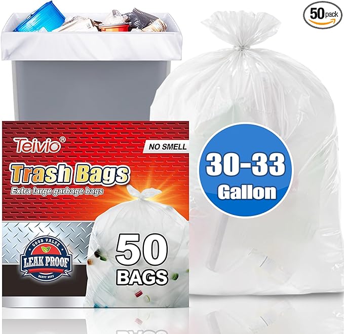 Teivio Large Clear Trash Bags 30-33 Gallon 50 Counts Multipurpose Trash Bags,30,32,33 Gal,Garbage Bags,For Industrial, Commercial, Construction, Outdoor, Lawn, Leaf, Can liners