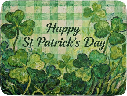 St Patrick's Day Shamrock Dish Drying Mat for Kitchen Counter 18x24 Green Lucky Clover Plaid Happy Holiday Absorbent Reversible Microfiber Drying Mats Kitchen Countertop Protector Dishes Drainer Pad