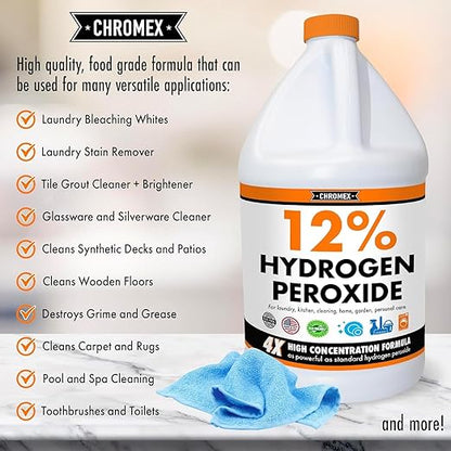 Hydrogen Peroxide 12 Percent Food Grade, 4X Power Concentrated Solution, Versatile Uses Include Topical Care, Home, Kitchen, Bath Cleaner, Laundry, Whitening, 8 Gallons