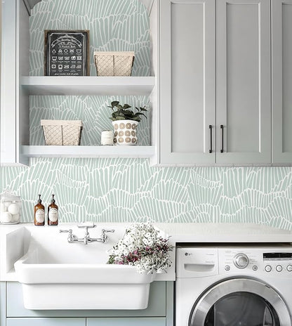 Guvana Green Wallpaper Peel and Stick Modern Sage Green and White Contact Paper Coastal Tropical Wallpaper Boho Striped Removable Waterproof Wall Paper for Bathroom Laundry Room Accent Wall 17.3"×118"