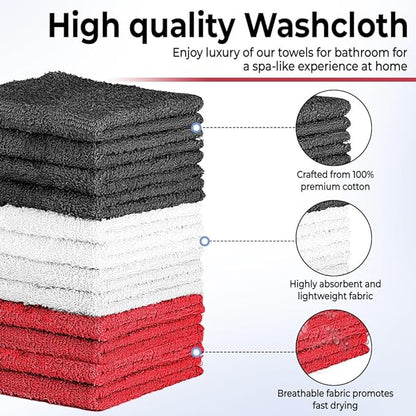 100% Cotton Washcloth Set – Soft, Absorbent Face Towels for Bathroom & Gym Use – Durable & Reusable Wash Cloths - Dark Grey, White & Burgundy, 12x12 Inches, Pack of 12