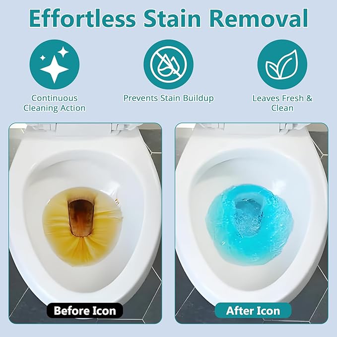 Automatic toilet bowl cleaner, odor removal Stain removal Makes toilet bowls look new with a light, fresh scent