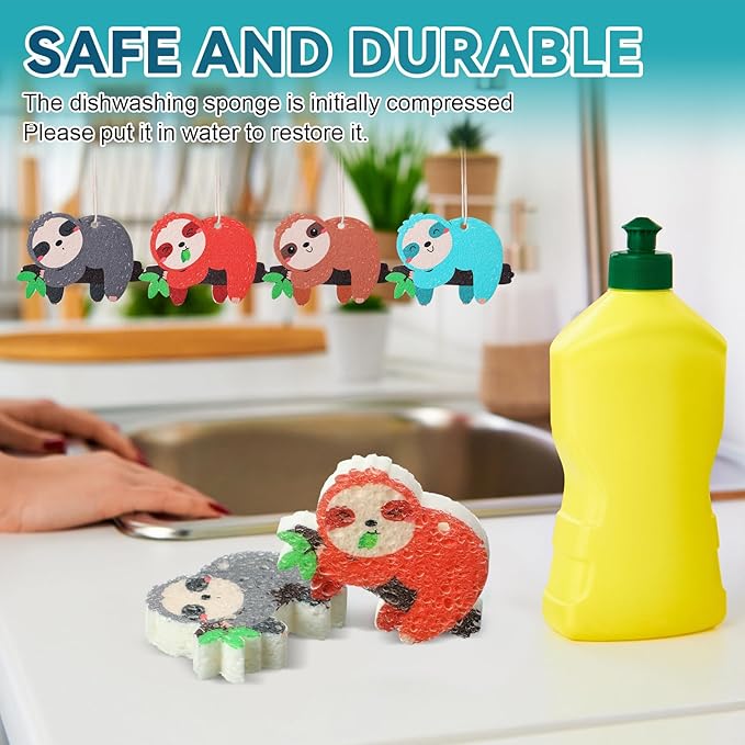 8 Pcs Christmas Sponges Dish Sponges, Cute Kitchen Scrub Sponge, Dual-Sided Dishwashing Sponge Reusable Cleaning for Kitchen Dishes Furniture(Sloth)
