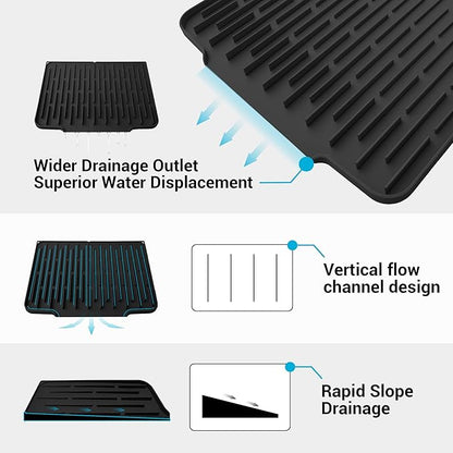 Silicone Dish Drying Mat for Kitchen Counter, Foldable & Heat Resistant Drying Pad with 5° Slope & Wide Drain, 15x12 Inch Non-slip Sink Mat for Bathroom and Countertop.(Black）