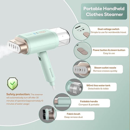 Newbealer Professional Business Travel Steamer, 1200W High-Power Dual Voltage (100-240V), Fast 20s Heat Up for Clothes Horizontal Vertical Steaming, Foldable & Solid 1.72 lbs, 180ml (Green)