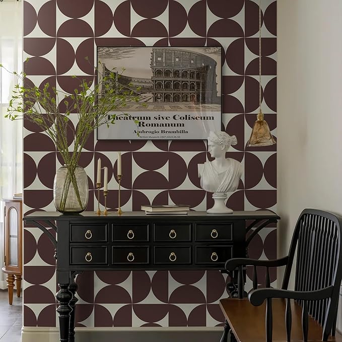 Dimoon Wallpaper 236"x17.3"Peel and Stick Geometric Contact Paper Vintage Dark Red Beige Wall Paper Removable Square Waterproof Self Adhesive Wall Covering for Bedroom Shelf Liner Decal Vinyl Roll