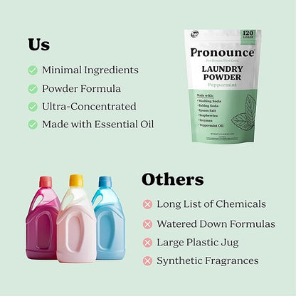 Pronounce Laundry Detergent Powder Alternative | Non-Toxic, Eco-Friendly, Natural for Sensitive Skin, Eczema, and Babies. Stain + Smell Fighting. HE Safe (Peppermint, 120 Loads)