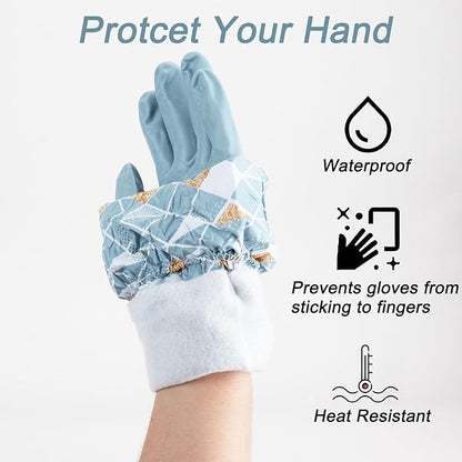 3PCS Dishwashing Cleaning Gloves with Cotton Flocked Liner, Reusable Latex Free Waterproof Long Cuff Kitchen Glove for Laundry, Cleaning, Working, Gardening(Pink+Green+Blue)