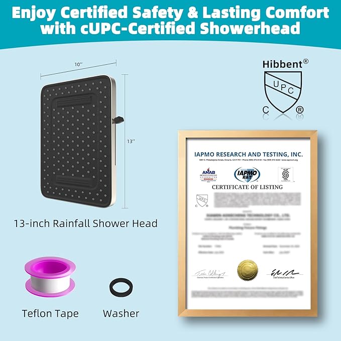 Hibbent cUPC Certified 5 Spray Modes Shower Head, 13'' High Pressure Large Rainfall Shower Head, High Flow Waterfall Bathroom Fixed Showerheads, Adjustable Swivel Ball Joint, Brushed Nickel