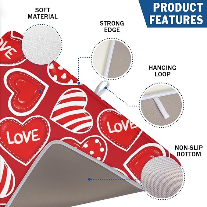 Valentines Day Dish Drying Mat for Kitchen Counter Red Polka Dot Stripe Love Heart Pattern Drying Mat 18x24 Inch Valentines Holiday Absorbent Dish Drainer Mat Kitchen Accessories