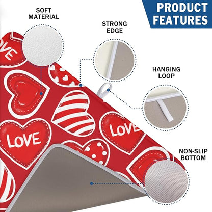 Valentines Day Dish Drying Mat for Kitchen Counter Red Polka Dot Stripe Love Heart Pattern Drying Mat 18x24 Inch Valentines Holiday Absorbent Dish Drainer Mat Kitchen Accessories