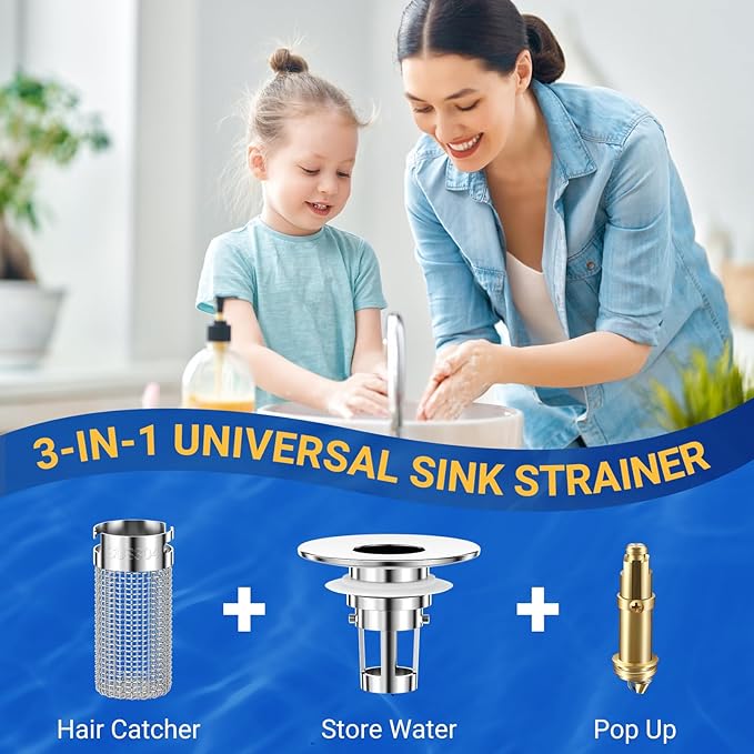 Bathroom Sink Drain Strainer, Pop-Up Bathroom Sink Stopper with Removable Stainless Steel Hair Catcher Basket, Universal Fit for US Bathroom Sinks, Showers & Floor Drains (1pcs)