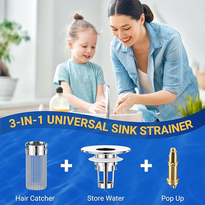 Bathroom Sink Drain Strainer, Pop-Up Bathroom Sink Stopper with Removable Stainless Steel Hair Catcher Basket, Universal Fit for US Bathroom Sinks, Showers & Floor Drains (1pcs)