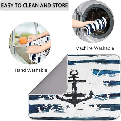 Honeybaby Dish Drying Mat Nautical Anchor Dish Drying Mats for Kitchen Counter Absorbent Kitchen Drying Mat Dish Rack Mat 18x24 inches