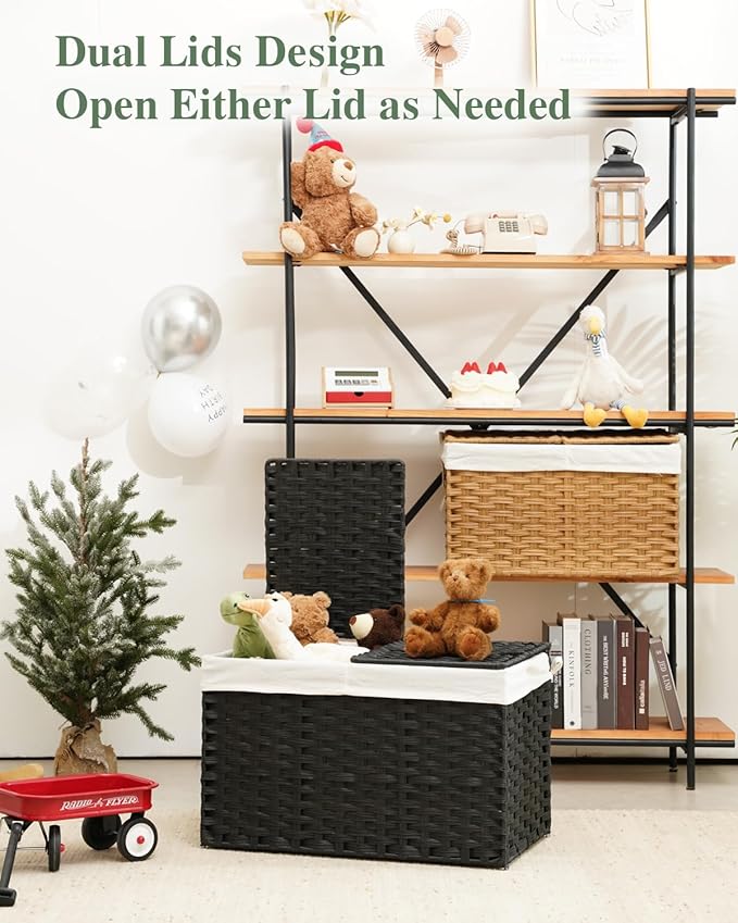 Storage Basket with Lid Rattan Storage Basket with 2 Separate Lid, 27.8 Gallon (105 L) 25.2 * 15.4 * 16.1 Inches Woven Wicker Baskets with 2 Liners and Handles for Bedroom Laundry Black