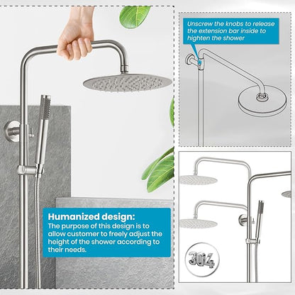 gotonovo Outdoor Shower Fixtures SUS304 Stainless Steel Rain Shower Kit Faucet High Pressure Wall Mount 2 Dual Function 8 Inch Showerhead and Handheld Spray Combo, Double Lever Handle, Brushed Nickel