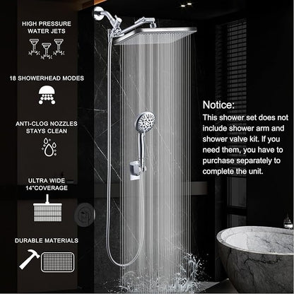 Rain Shower Head Combo-14''Rainfall ShowerHead,8 Modes Handheld with ON/OFF Pause Switch, Double High Pressure Shower heads with Hose,Adjustable and detachable for Couple and Kids