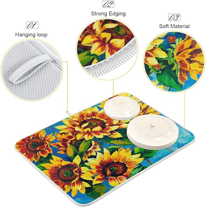 Super Absorbent Dish Drying Mat, Microfiber Fast-Drying Dish Mat, 16" x 18", Kitchen Dish Drying Pad, Sunflowers