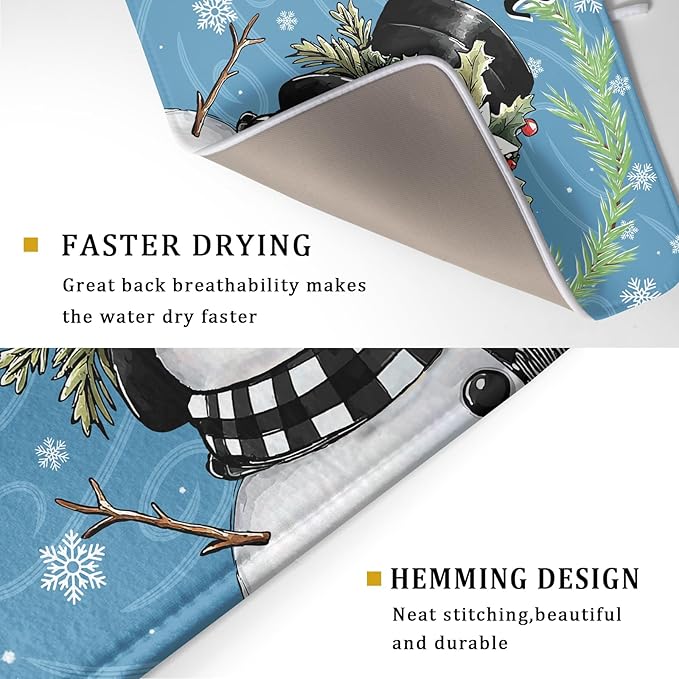 Christmas Snowman Dish Drying Mat for Kitchen Counter 18x24 Blue White Snowflake Welcome Winter Holiday Absorbent Reversible Microfiber Drying Mats Kitchen Countertop Protector Dishes Drainer Rack Pad